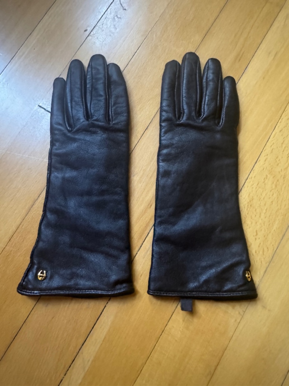 Etienne Aigner Womens Small Dark Brown Leather Cashmere Lined Gloves Gold Logo